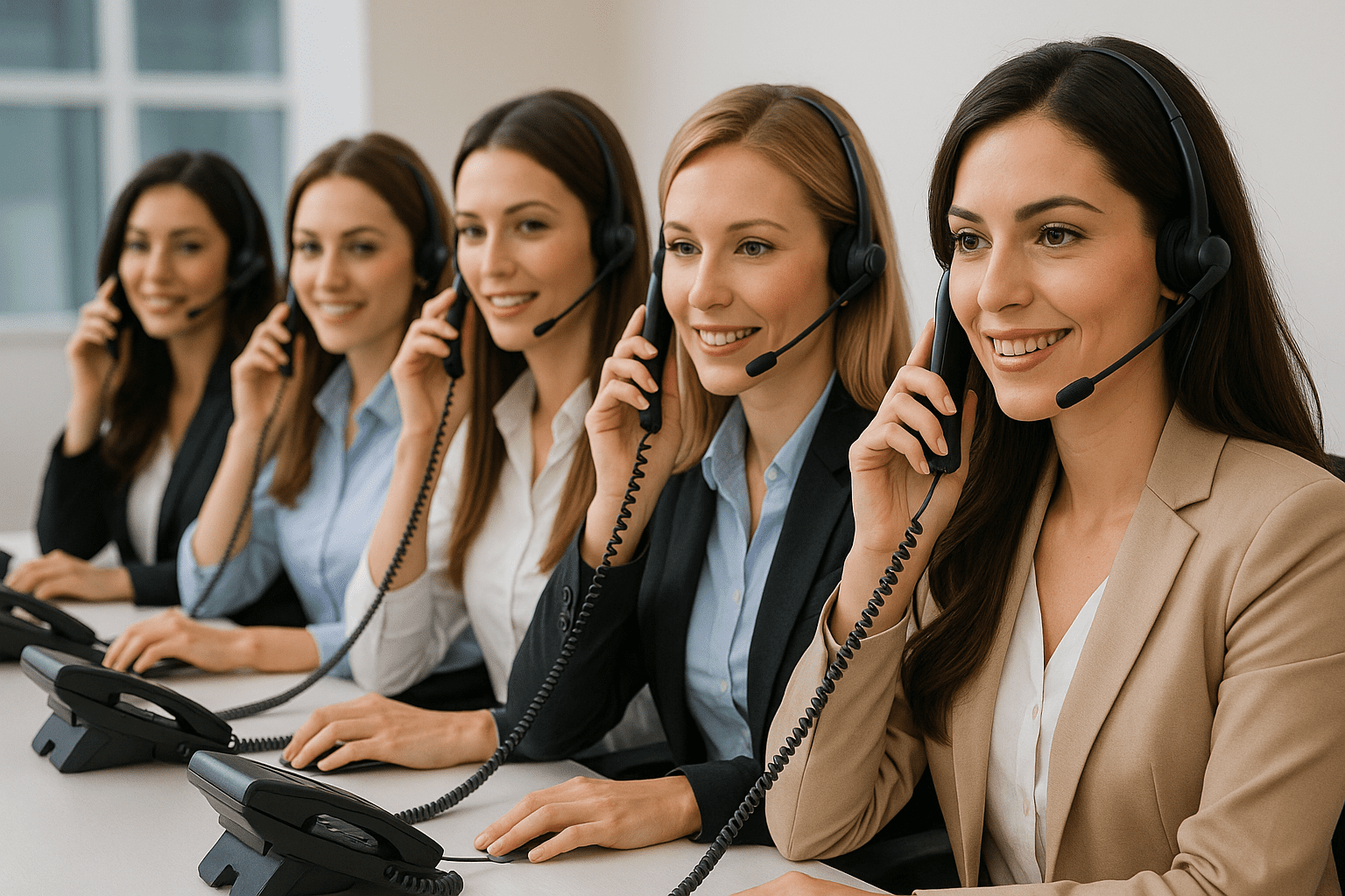 5 attractive women in a professional call center answering phones