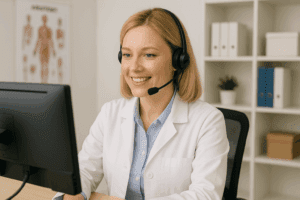 Friendly woman answering calls for small medical office